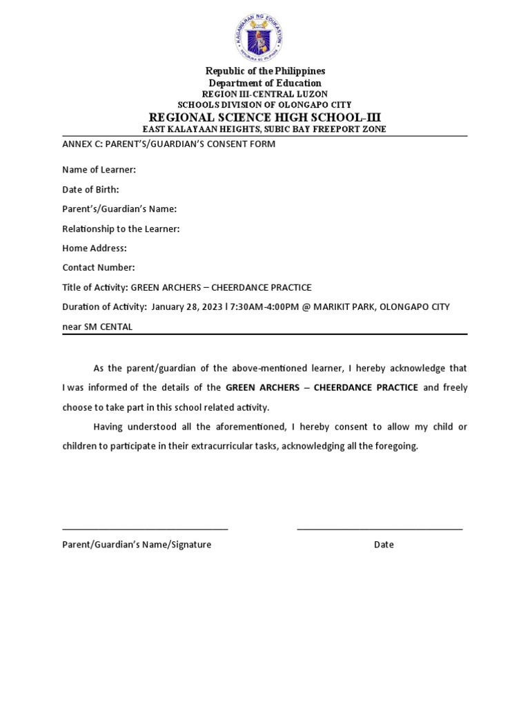 Parent Consent for Cheer Dance Practice | PDF