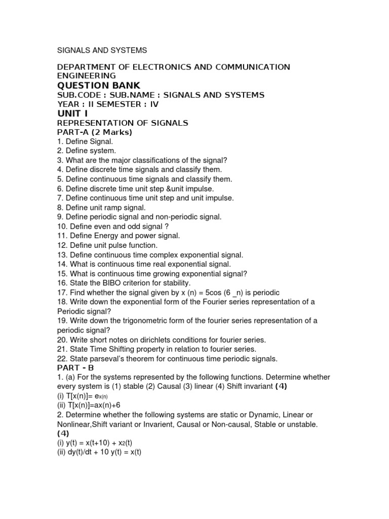 Signals and Systems Question Bank | PDF