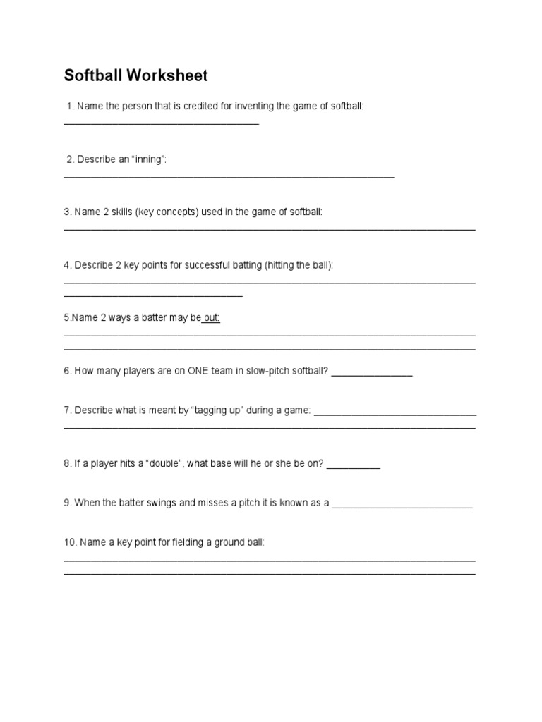 Softball Worksheet 1 PDF