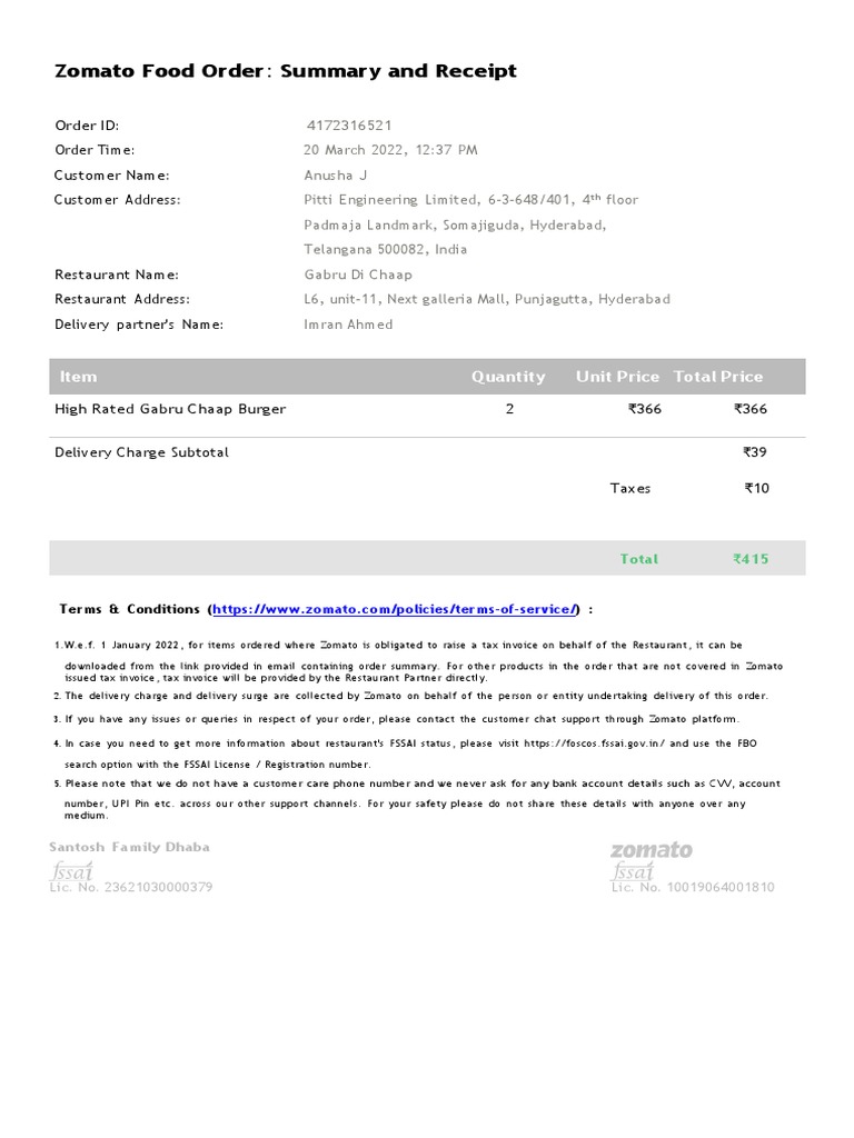 Zomato food order summary and receipt order id order time customer