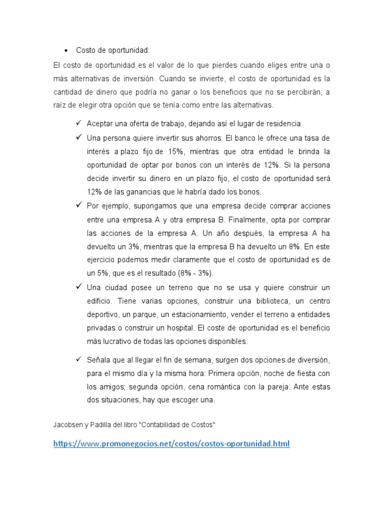 Costo de Oportunidad y Toma de Decisiones | PDF | Costo de oportunidad ...