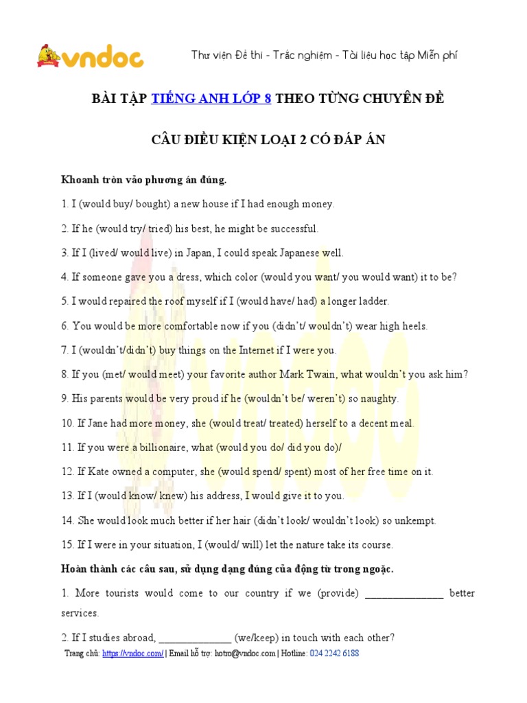 Bai tap cau dieu kien loai 2 lop 8 pdf