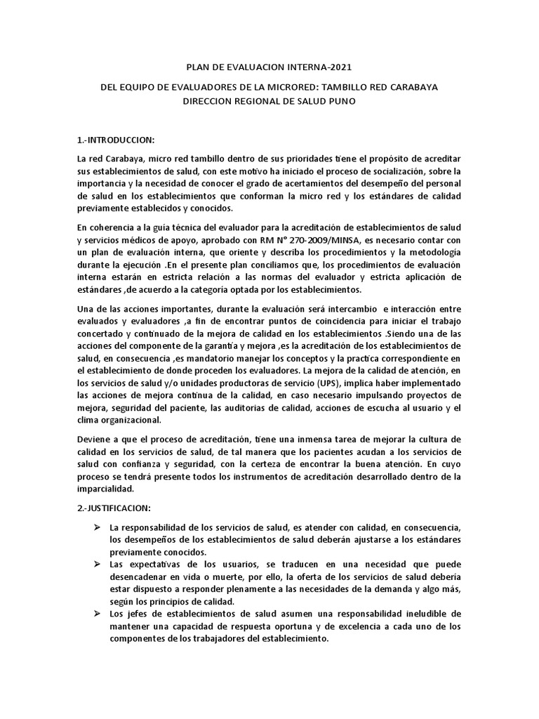 Plan de Evaluación Interna 2021 Microred Tambillo | PDF | Evaluación ...