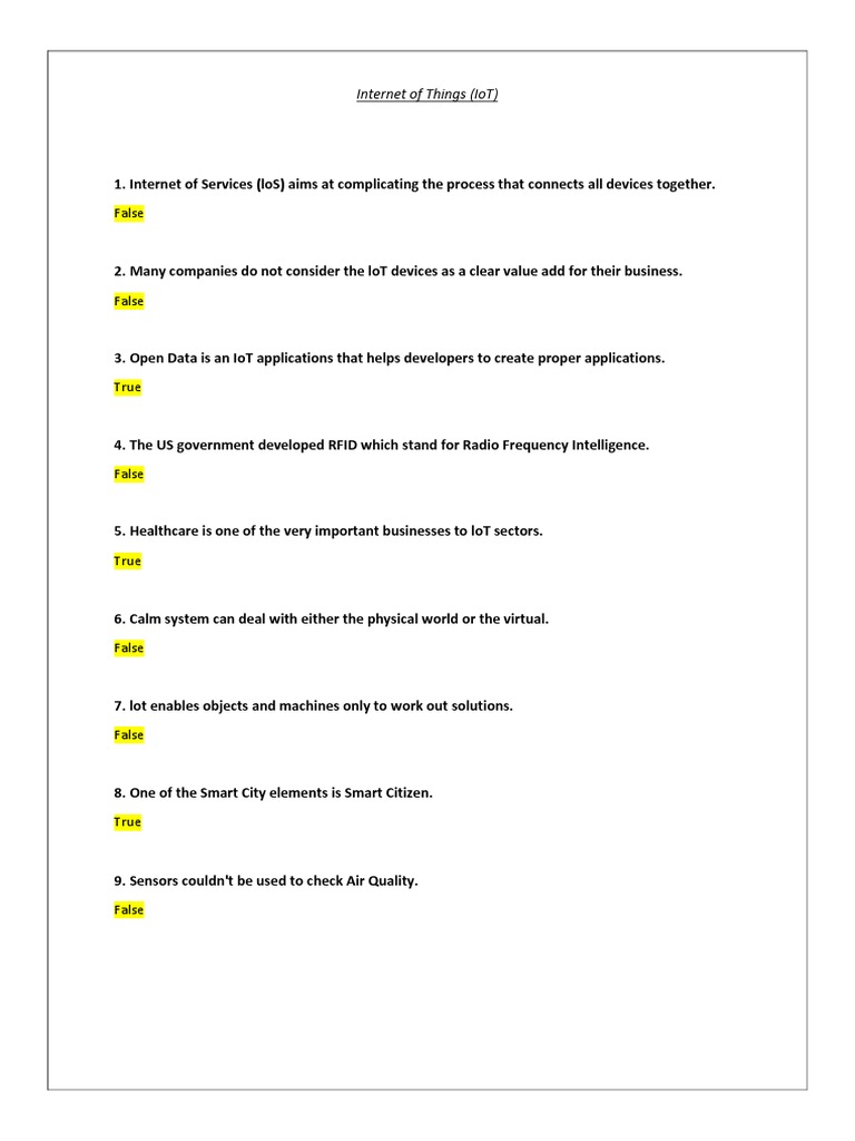 Fourth Industrial Revolution Quizzes PDF Of Things