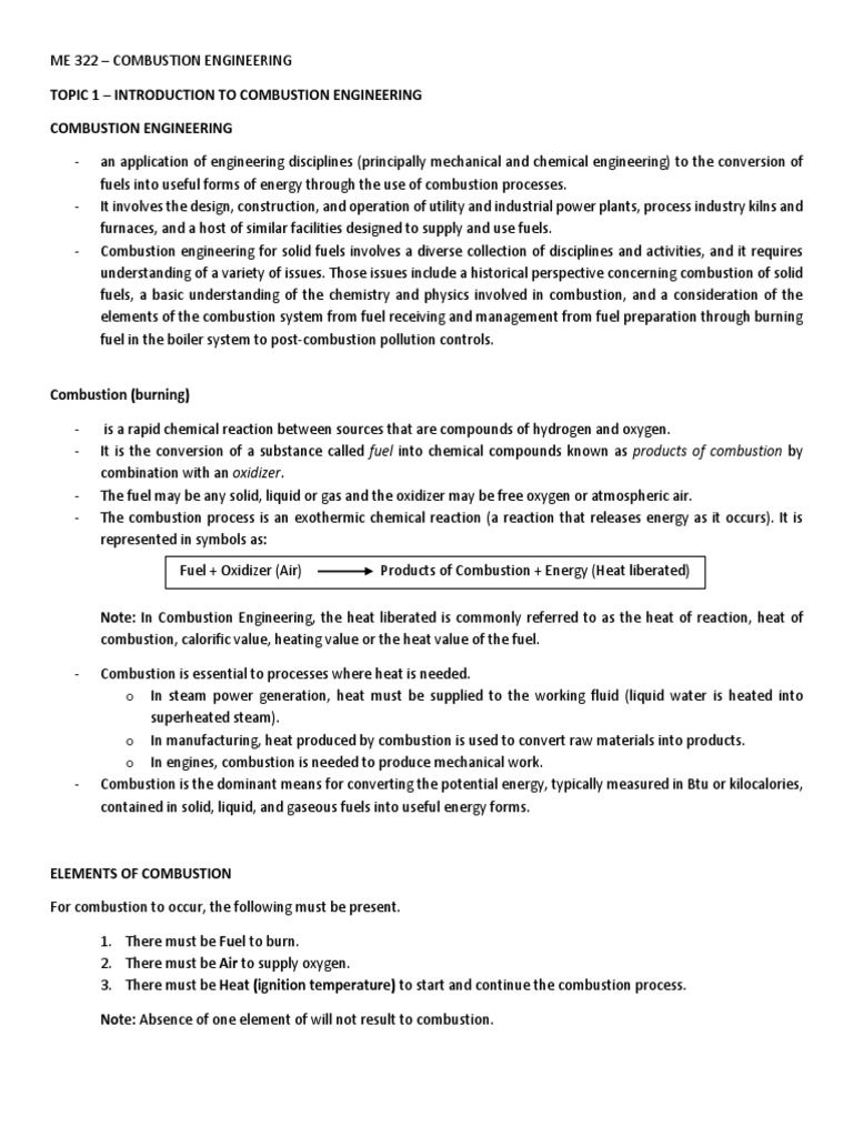 2 ME 322 Topic1 INTRODUCTION TO COMBUSTION ENGINEERING PDF Combustion Fuels