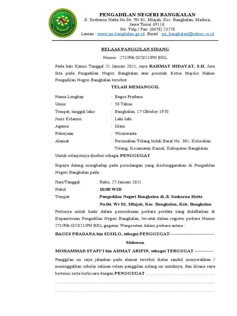 Relaas Panggilan Sidang Perdata 2021 | PDF