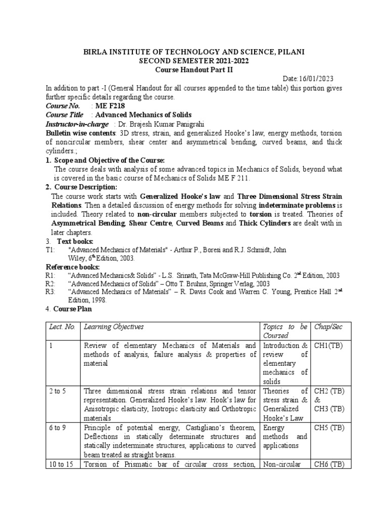 ME F218 - Advanced Mechanics of Solids | PDF | Beam (Structure ...
