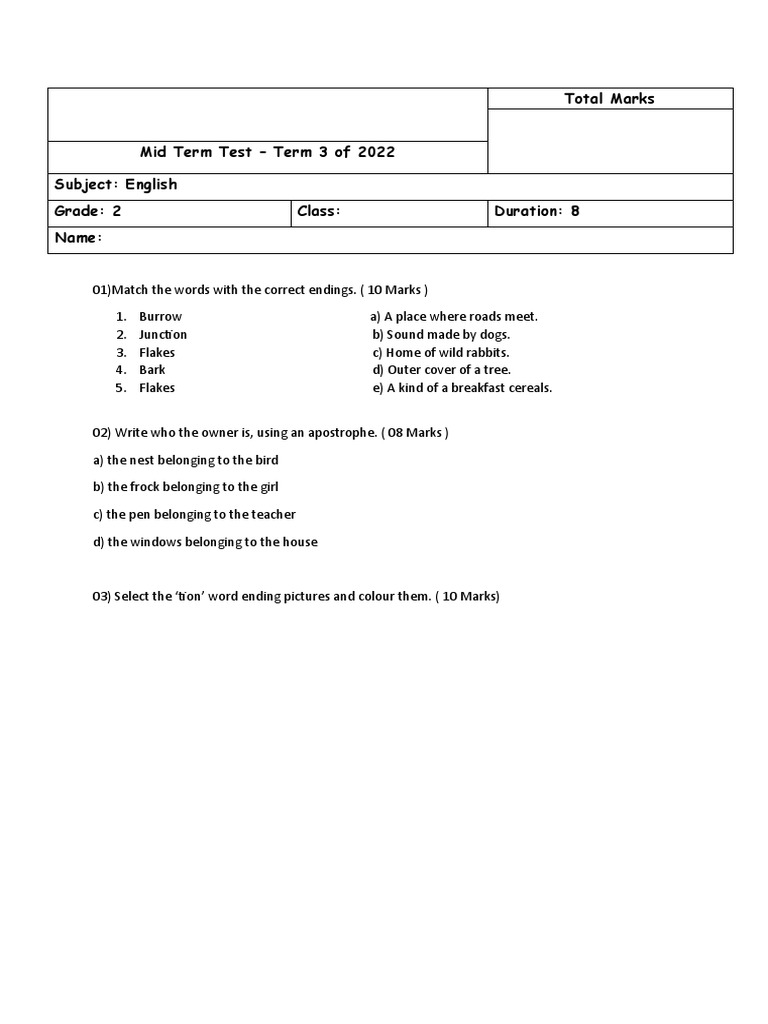 Grade 2 Mid Term Test Pdf
