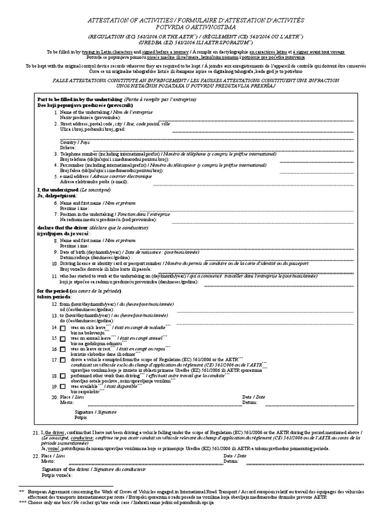 Potvrda o Aktivnostima Vozača (AETR) Print | PDF | Secteurs du service ...