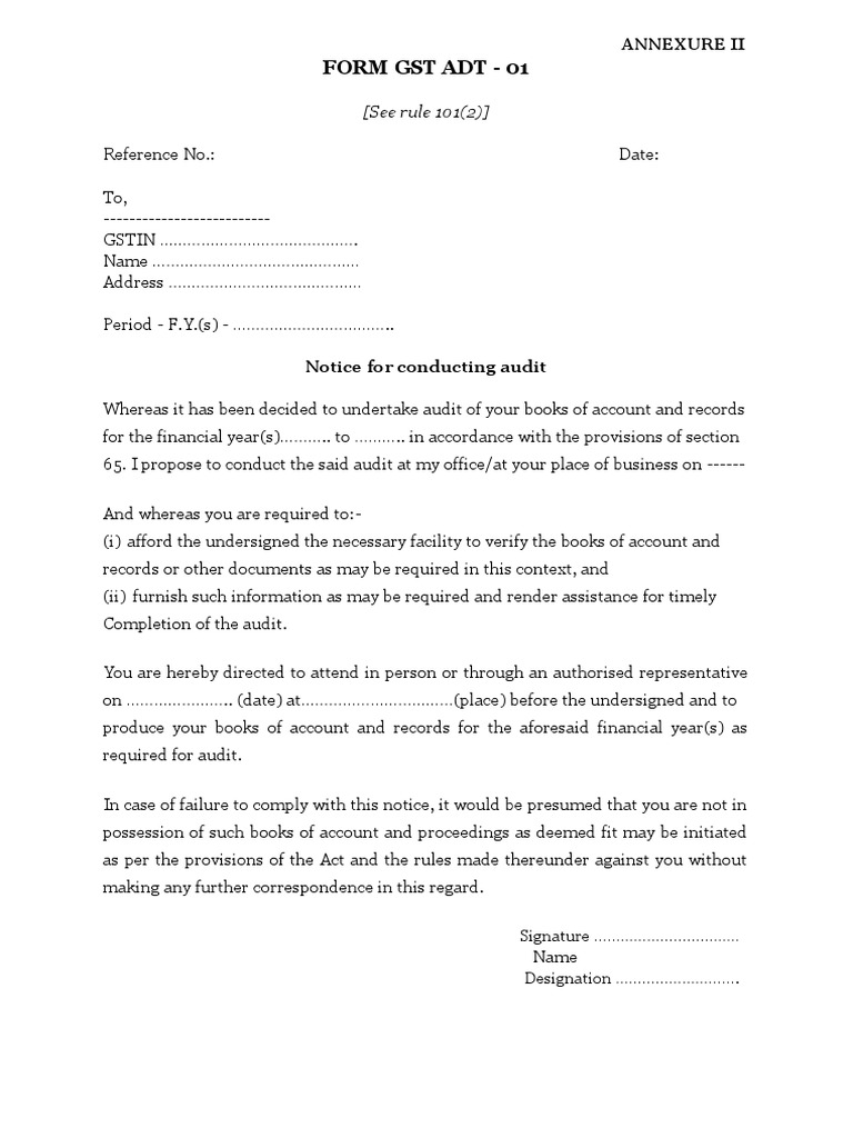 GST Audit Notice - Form ADT-01 | PDF