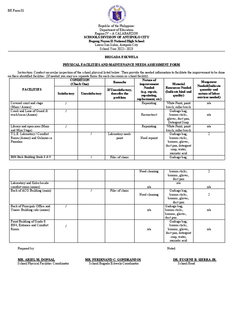Brigada Eskwela Facilities Assessment Form | PDF