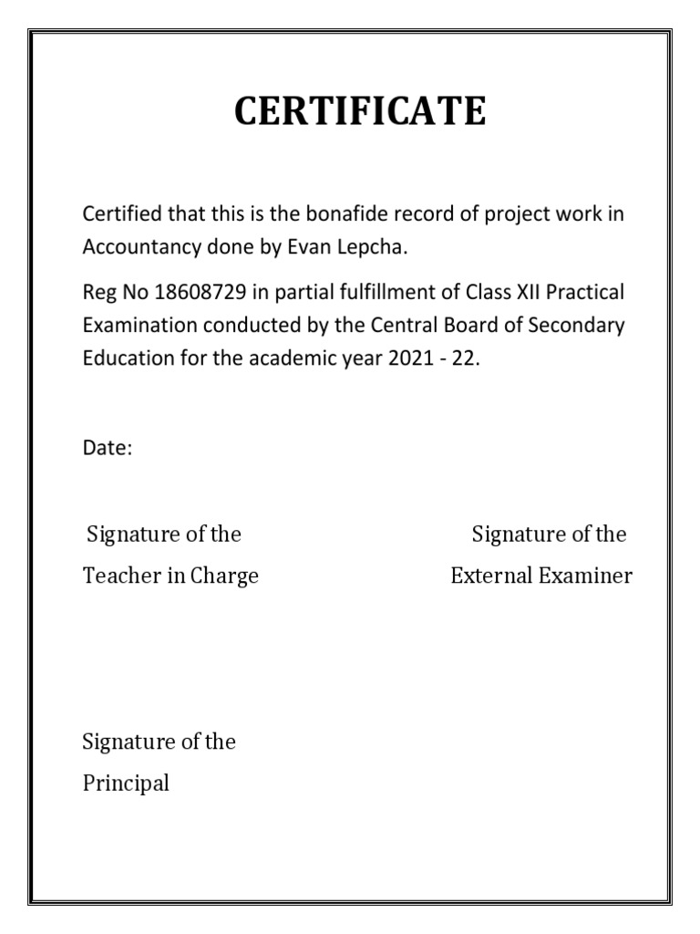 Class XII Accountancy Project Certificate | PDF