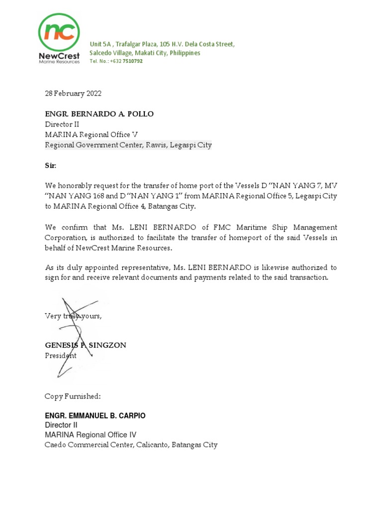 Homeport Transfer Request to Batangas | PDF