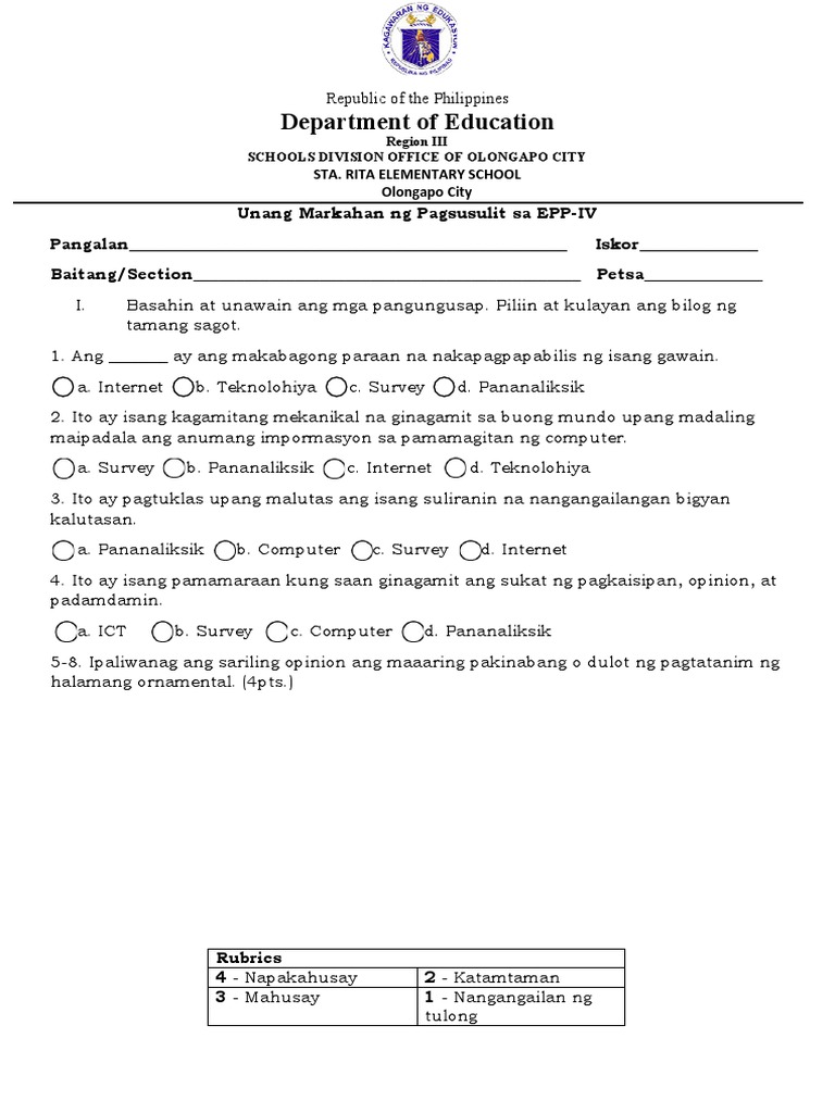 Unang Markahan NG Pagsusulit Sa EPP | PDF