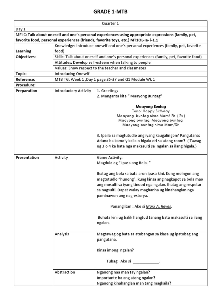 MTB Grade 1 Day 1 | PDF