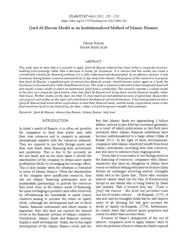 Qard Al-Hasan As An Institutional Method IF | PDF | Islamic Banking And ...