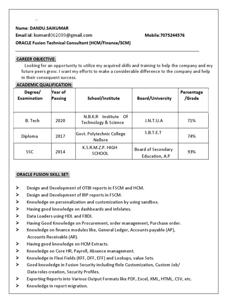 Oracle Fusion Consultant Profile | PDF | Sql | Data