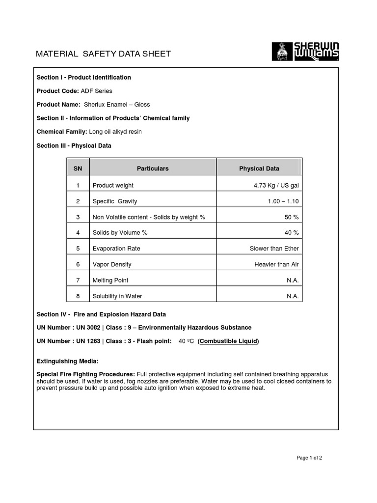 MSDS Sherlux Enamel Gloss PDF Water Combustion
