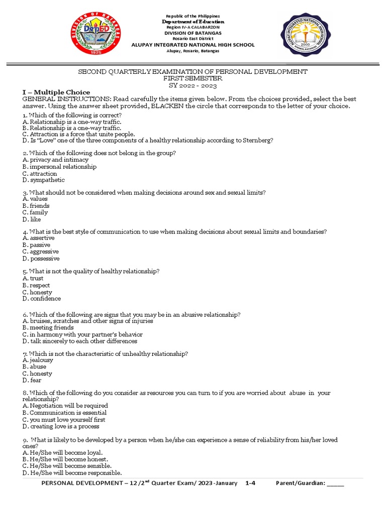 Personal Development Exam Q2 2022-2023 | PDF