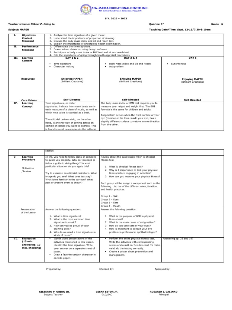 MAPEH 6 Q1 Week 5 Lesson Plan | PDF | Body Mass Index | Mass