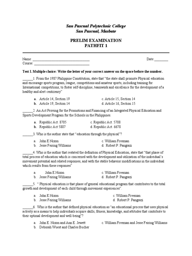 Pathfit 1 Prelim Exam Pdf Physical Fitness Flexibility Anatomy