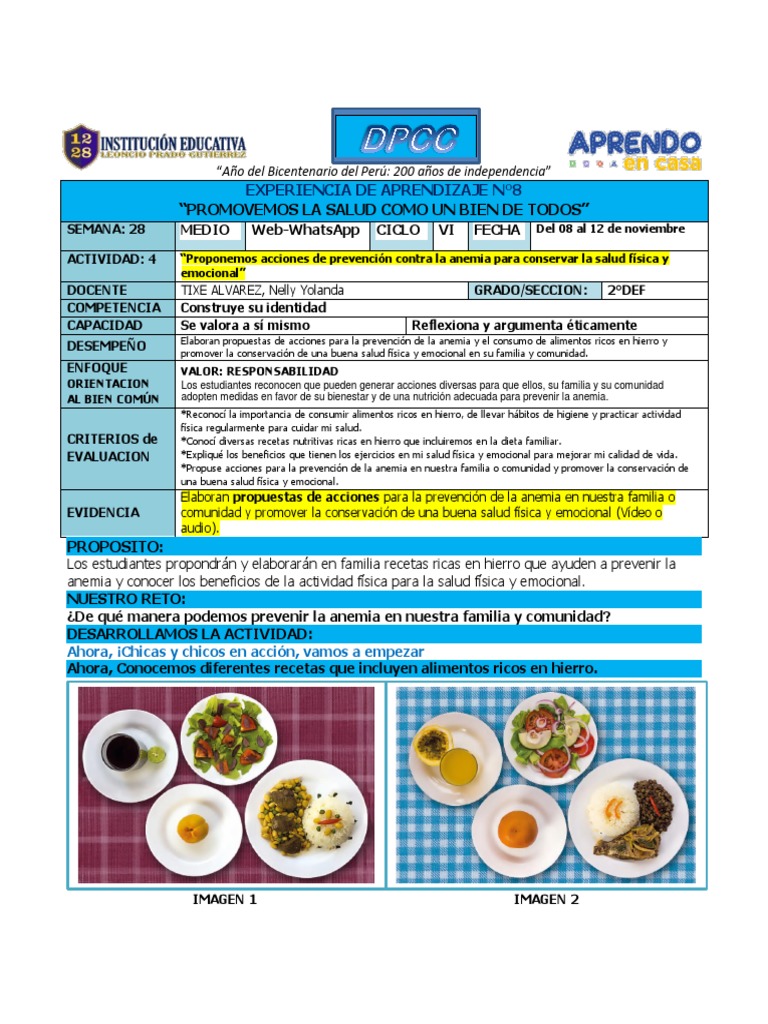 EdA 8 - AdA4 - 2° DPCC-Proponemos Acciones de Prevencion Contra La Anemia  para Conservar La Salud Fisica y Emocional. | PDF | Nutrición | Dieta y  nutrición