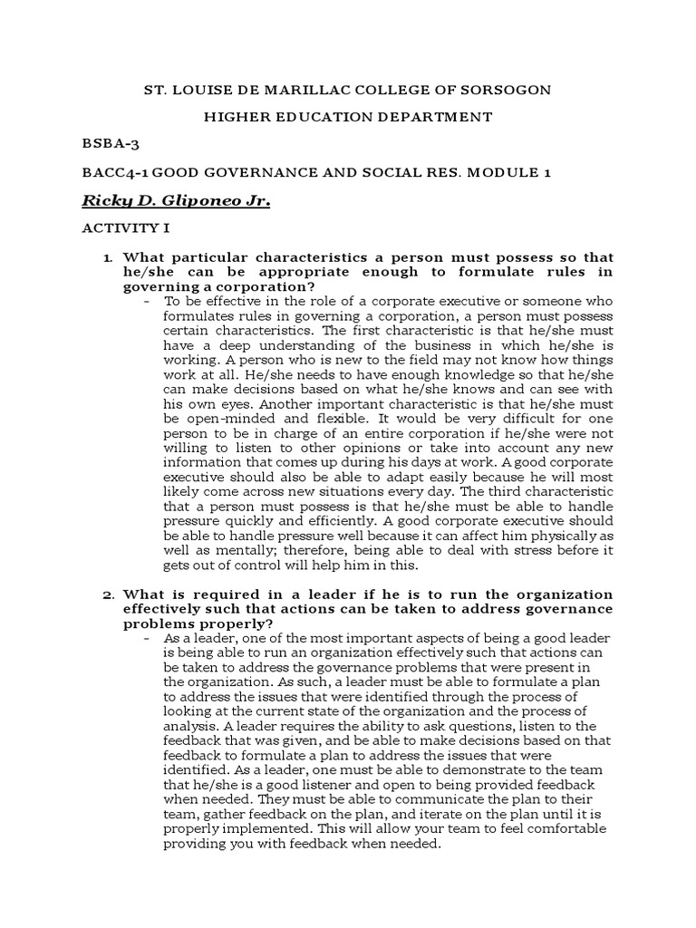 Good Governance and Social Responsibility Module 1 | PDF | Governance ...