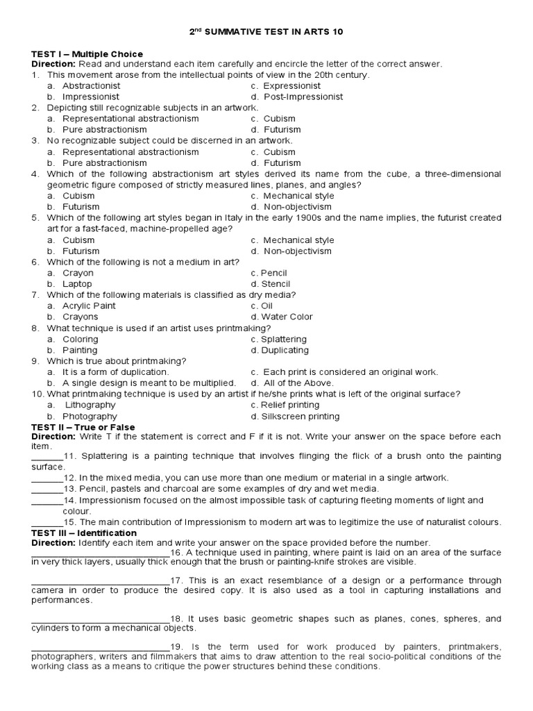 2nd Summative Test in Arts 10 | PDF | Paintings | Abstract Art