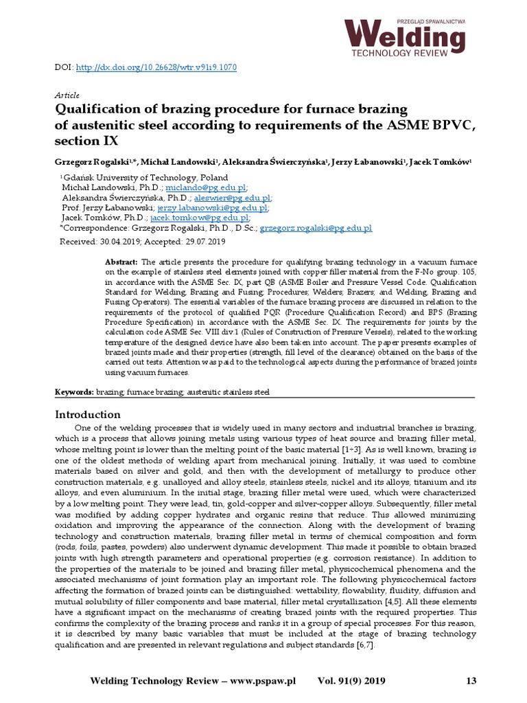 Qualification of Brazing Procedure For Furnace Bra PDF Heat Exchanger Welding