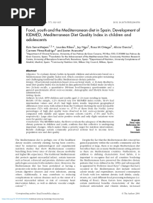 Food Youth and The Mediterranean Diet in Spain Development of Kidmed Mediterranean Diet Quality Index in Children and Adolescents