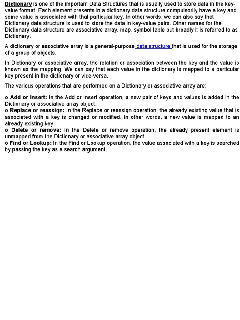 The Key Features and Common Operations of Dictionary Data Structures | PDF