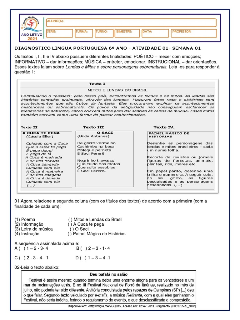 Avaliação Diagnóstica 6 Ano-2021 | PDF