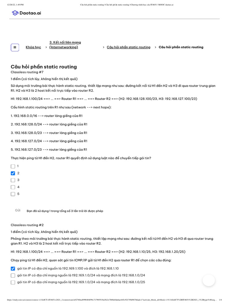 Câu hỏi phần static routing PDF