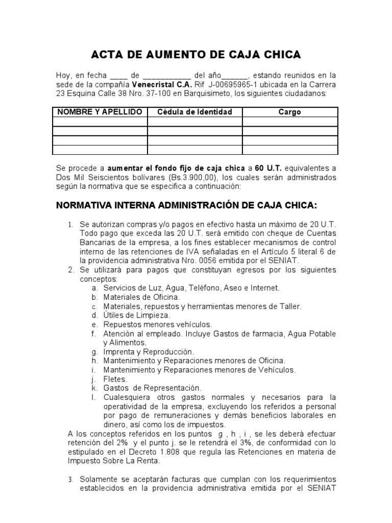 Acta de entrega de caja chica word