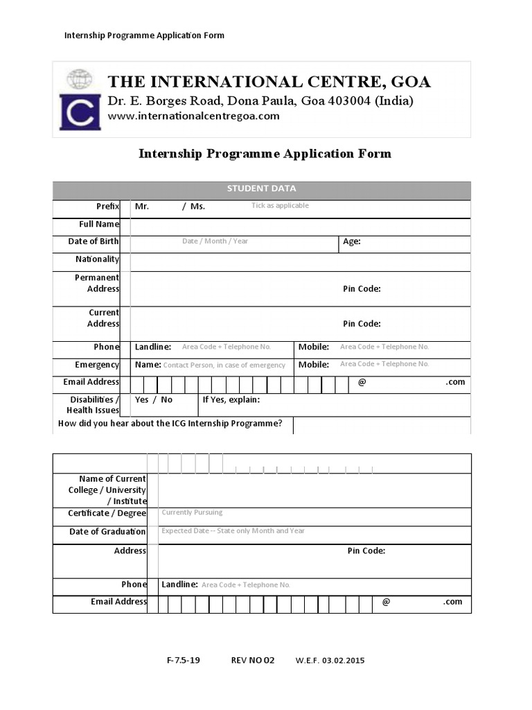 ICG Internship Application Form | PDF | Mobile App | Application Software
