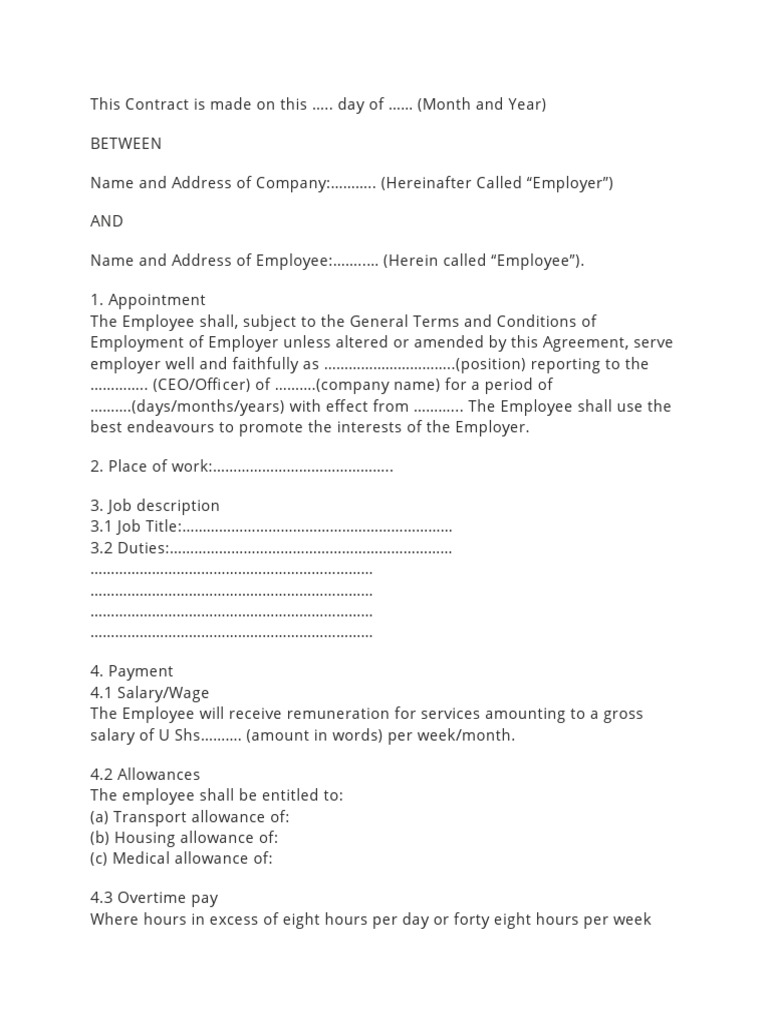Employment Contract Template Uganda | PDF | Employment | Overtime