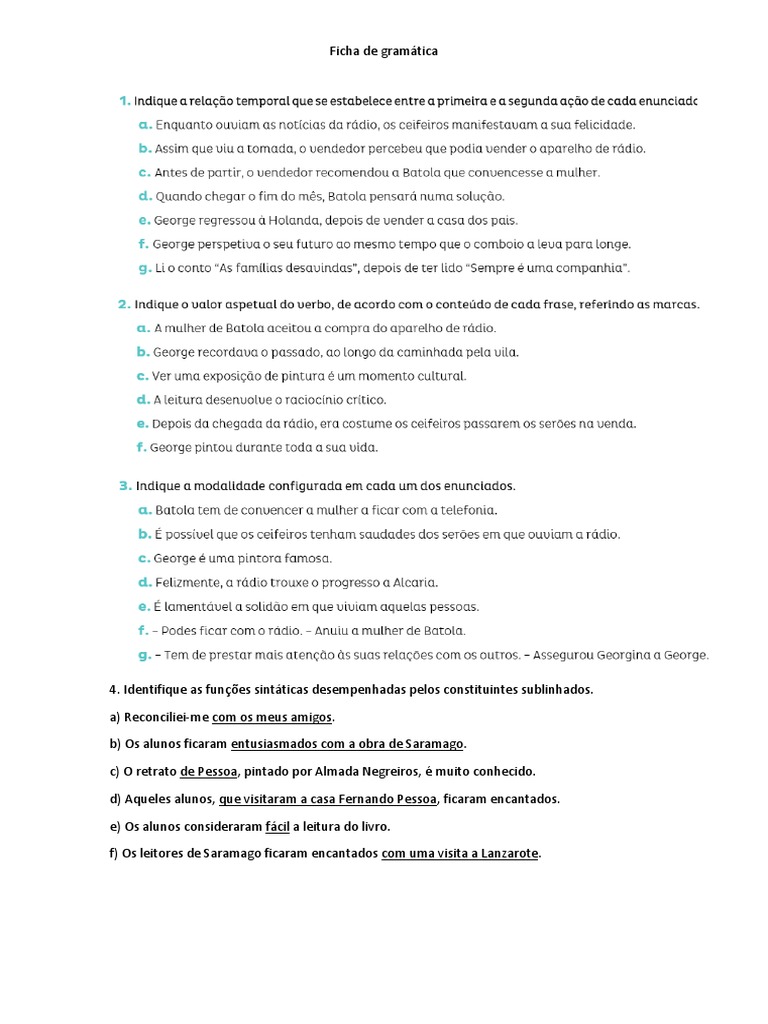 Gramática - Valor Aspetual, Temporal e Modal + Funções Sintáticas ...