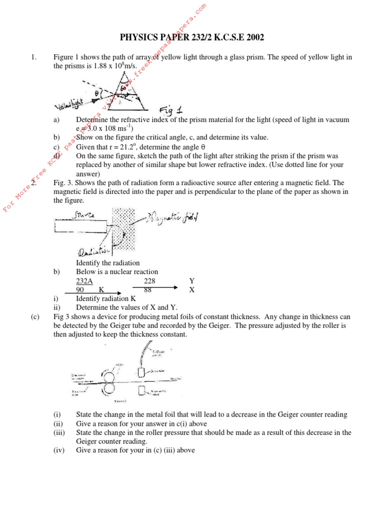 Kcse 2002 Physics Paper 232 2 Analysis Pdf Photoelectric Effect Water