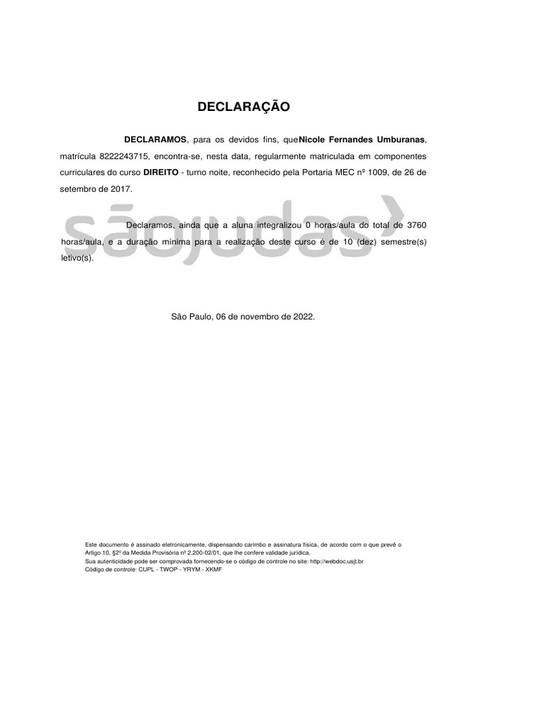 Declaração: DECLARAMOS, para Os Devidos Fins, Que Nicole Fernandes ...