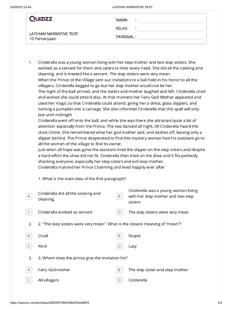 Latihan Narrative Text Pdf Cinderella Fairy Tales