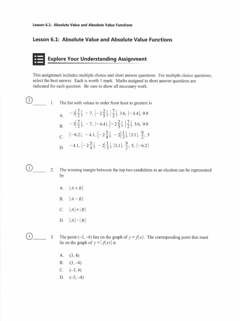 6.1 Absolute Value and Absolute Value Functions | PDF