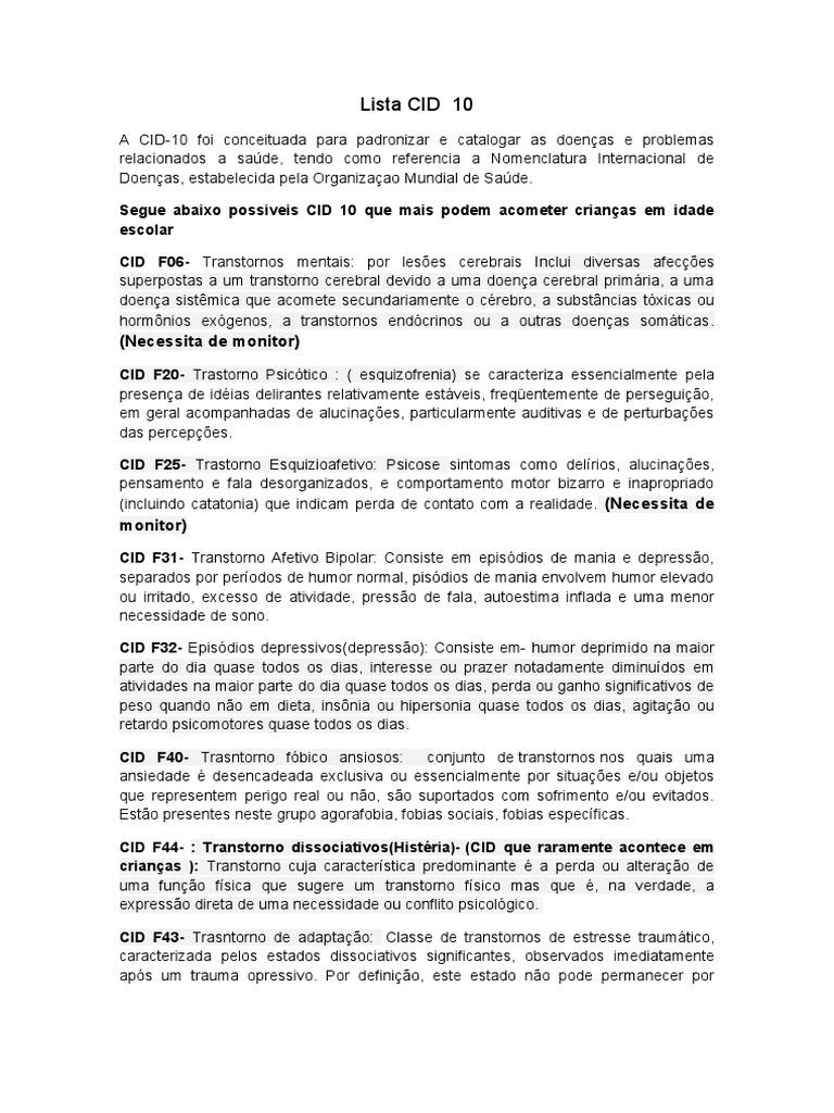 Lista CID 10 | PDF | Distúrbio mental | Transtorno de déficit de ...