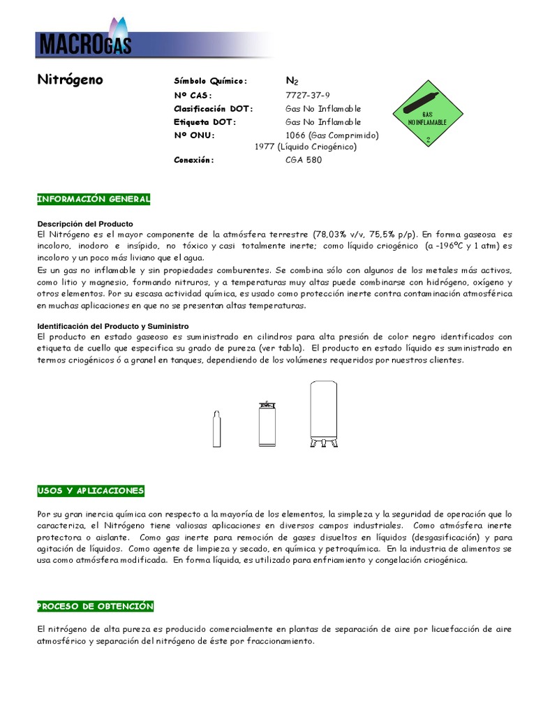 Nitrogeno Comprimido Ficha Tecnica | PDF | Hidrógeno | Nitrógeno
