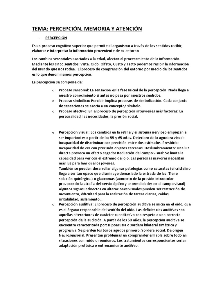 Percepcion Memoria Y Atencion Pdf Memoria Palabra