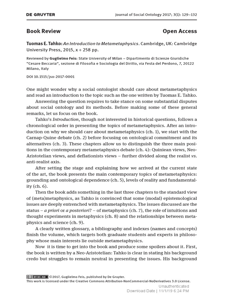 (Journal of Social Ontology) An Introduction To Metametaphysics PDF Ontology Metaphysics