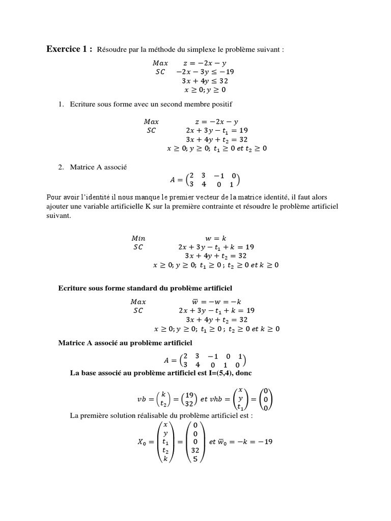 Exercice corrigé : Méthode du simplexe | PDF | Matrice (Mathématiques ...