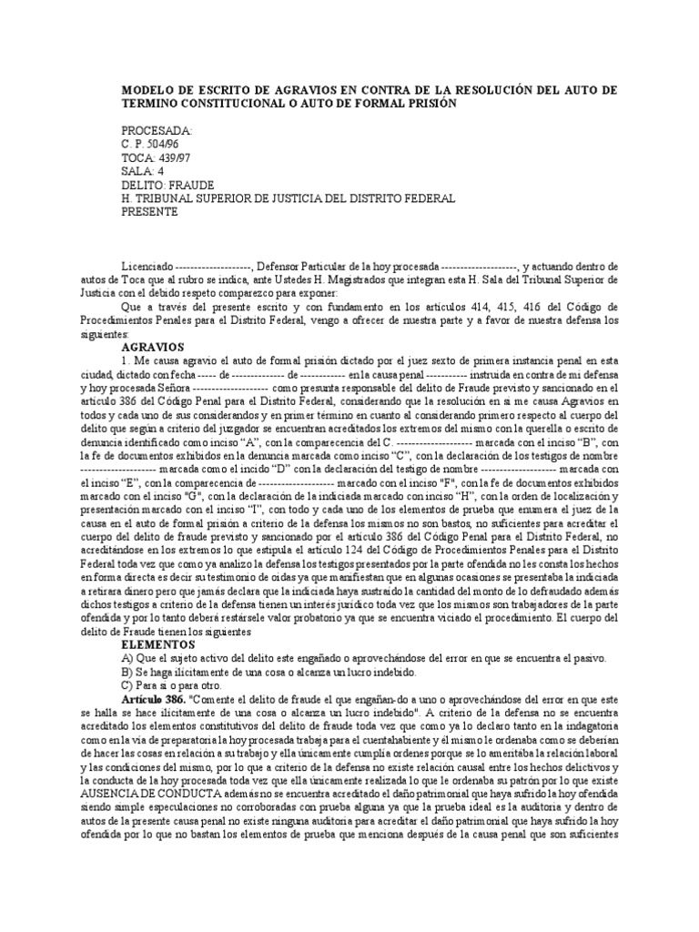 Modelo de escrito de agravios en contra de la resoluci n del auto de