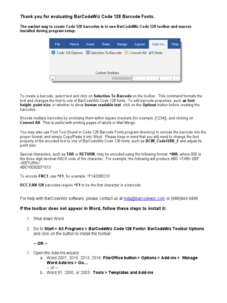 BarCodeWiz Code 128 Font Guide | PDF