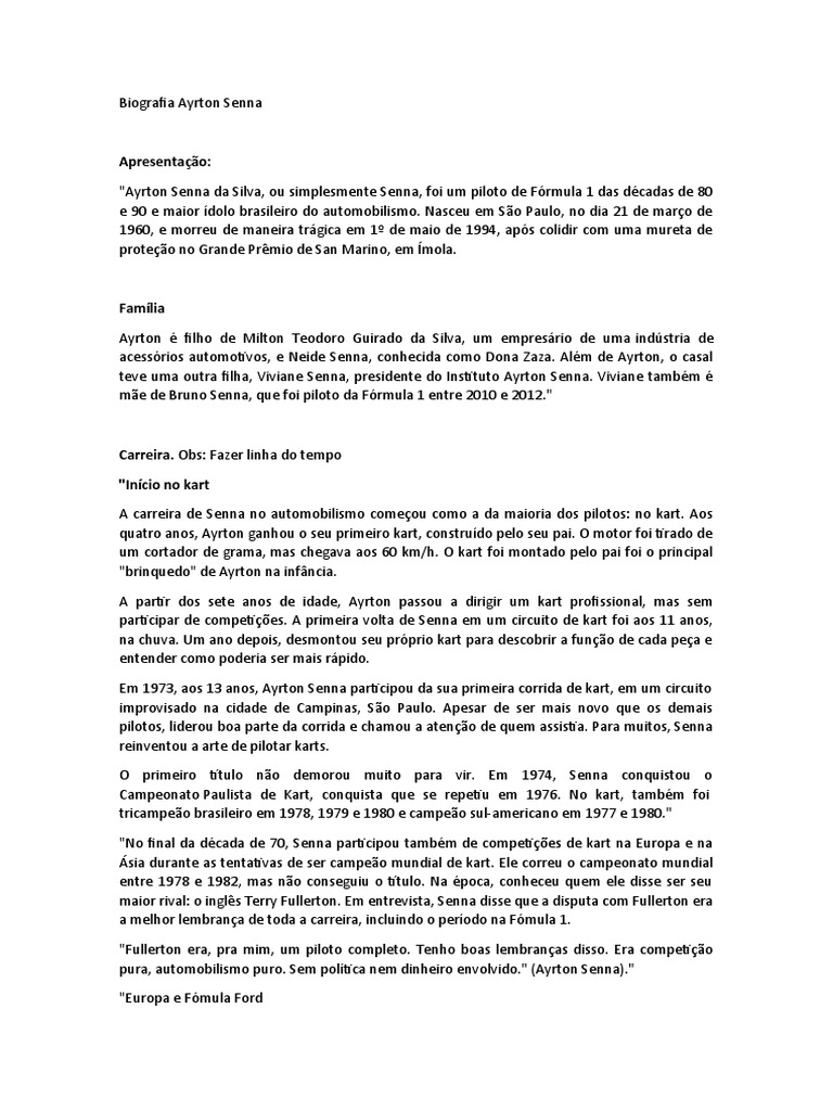 Biografia Ayrton Senna | PDF | Fórmula Um | Corridas de automóveis