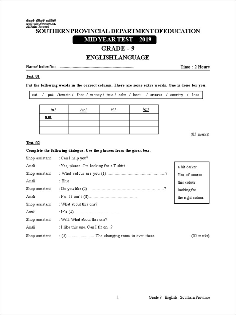 Grade 9 English 2nd Term Test Papers | PDF | Linguistics
